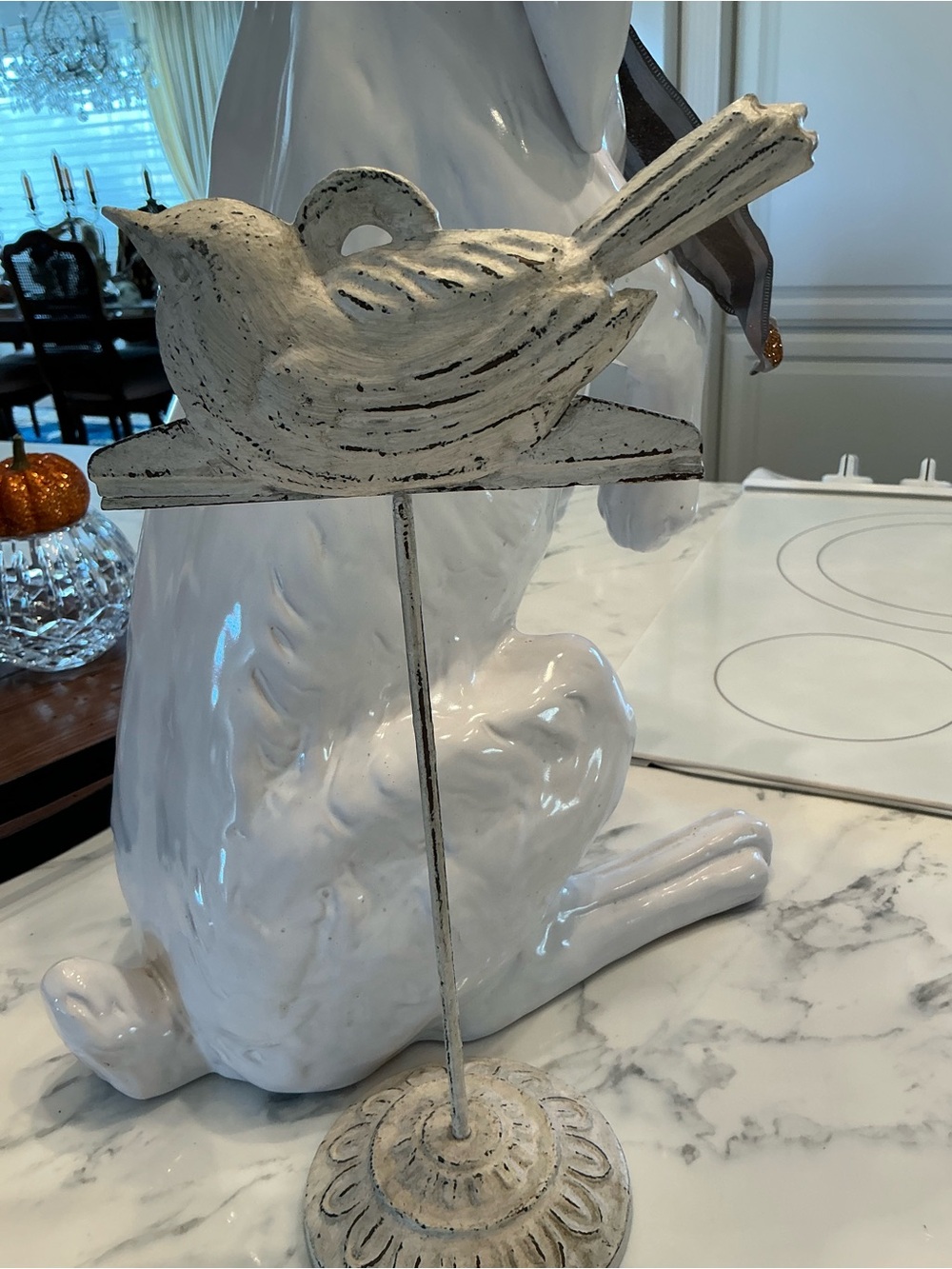 Distressed White Decorative Bird Sculpture on Stand - Home Art